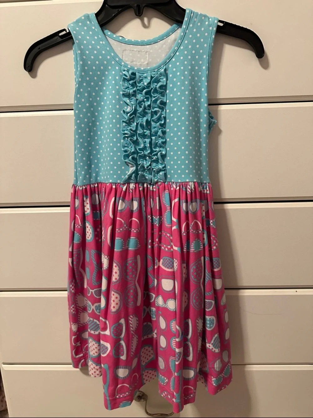 Eleanor Rose Aqua Polka Dot Bodice with Pink Sunglass Print Skirt